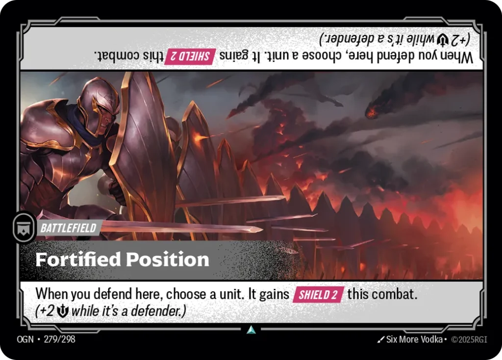 Karta Riftbound: Fortified Position — Battlefield, kolor Colorless, dodatek Origins. Ilustracja: Six More Vodka. Opis karty: When you defend here, choose a unit. It gains Shield 2 this combat. (+2 💪 while it's a defender.)