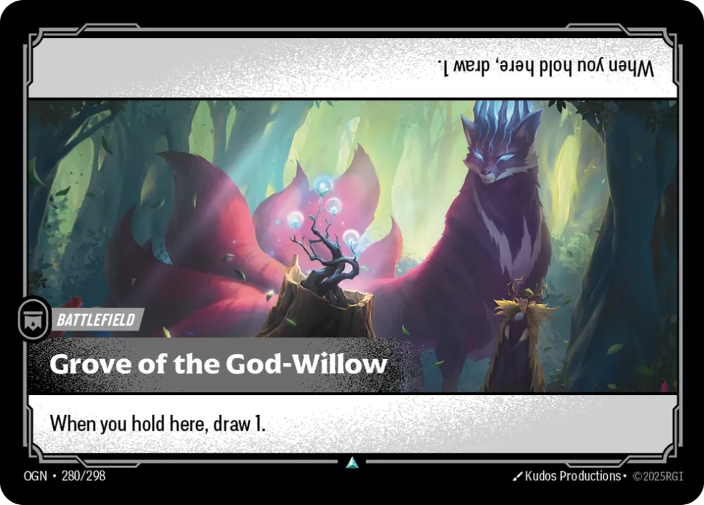 Karta Riftbound: Grove of the God-Willow — Battlefield, kolor Colorless, dodatek Origins. Ilustracja: Kudos Productions. Opis karty: When you hold here, draw 1.