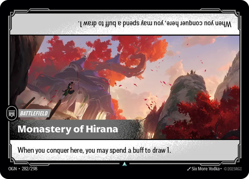 Karta Riftbound: Monastery of Hirana — Battlefield, kolor Colorless, dodatek Origins. Ilustracja: Six More Vodka. Opis karty: When you conquer here, you may spend a buff to draw 1.