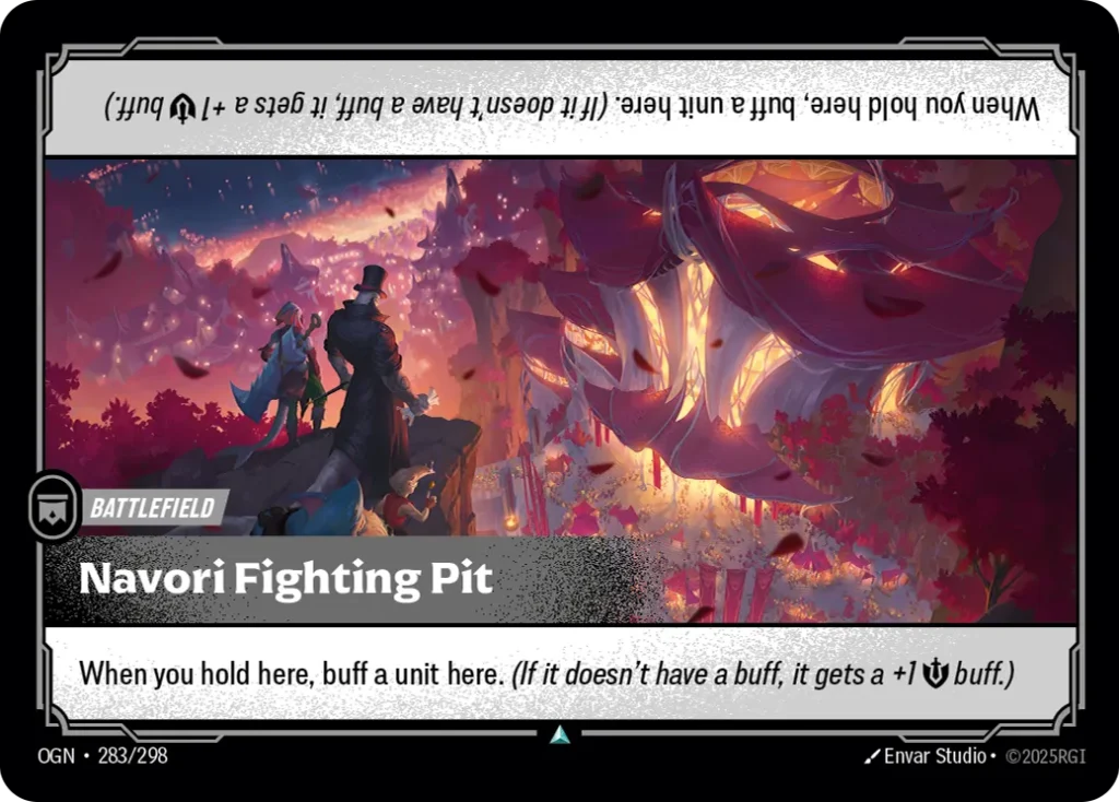 Karta Riftbound: Navori Fighting Pit — Battlefield, kolor Colorless, dodatek Origins. Ilustracja: Envar Studio. Opis karty: When you hold here, buff a unit here. (If it doesn't have a buff, it gets a +1 💪 buff.)