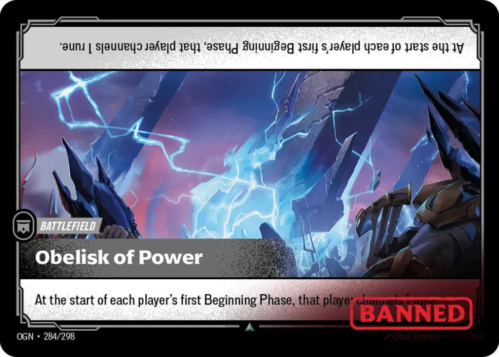 Karta Riftbound: Obelisk of Power — Battlefield, kolor Colorless, dodatek Origins. Ilustracja: Chris Kintner. Opis karty: At the start of each player's first Beginning Phase, that player channels 1 rune.