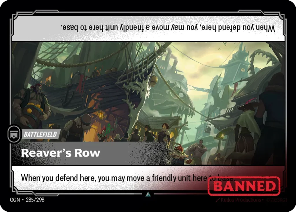 Karta Riftbound: Reaver's Row — Battlefield, kolor Colorless, dodatek Origins. Ilustracja: Kudos Productions. Opis karty: When you defend here, you may move a friendly unit here to base.
