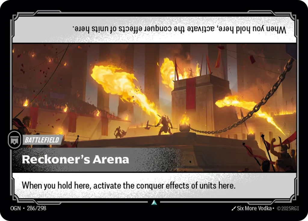 Karta Riftbound: Reckoner's Arena — Battlefield, kolor Colorless, dodatek Origins. Ilustracja: Six More Vodka. Opis karty: When you hold here, activate the conquer effects of units here.