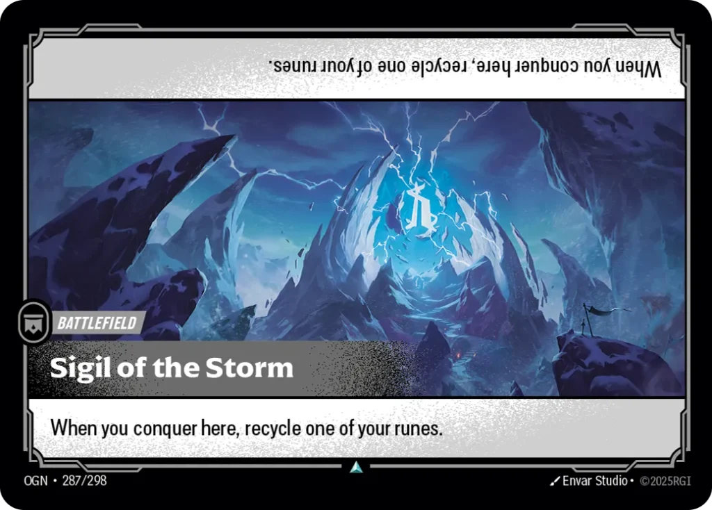 Karta Riftbound: Sigil of the Storm — Battlefield, kolor Colorless, dodatek Origins. Ilustracja: Envar Studio. Opis karty: When you conquer here, recycle one of your runes.