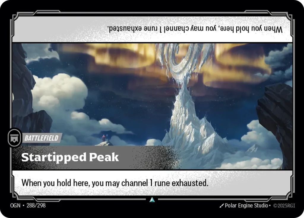 Karta Riftbound: Startipped Peak — Battlefield, kolor Colorless, dodatek Origins. Ilustracja: Polar Engine Studio. Opis karty: When you hold here, you may channel 1 rune exhausted.