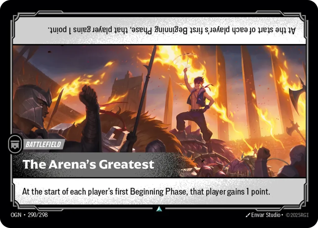 Karta Riftbound: The Arena's Greatest — Battlefield, kolor Colorless, dodatek Origins. Ilustracja: Envar Studio. Opis karty: At the start of each player's first Beginning Phase, that player gains 1 point.