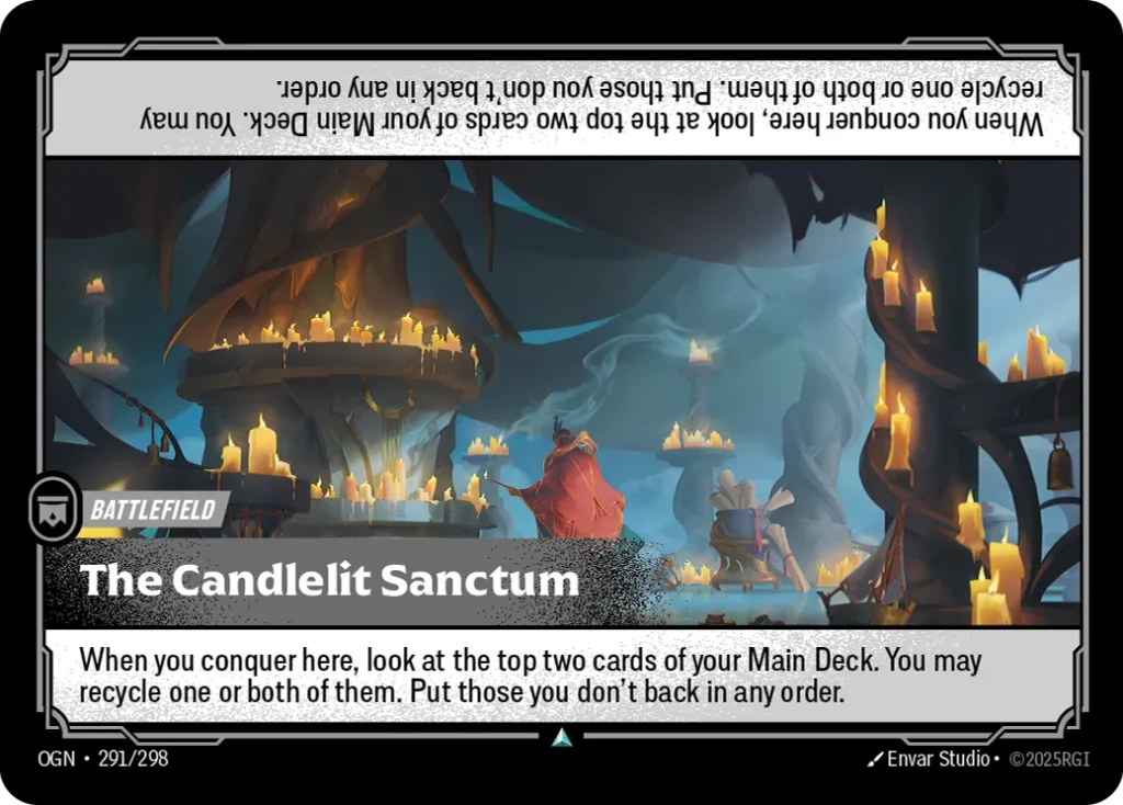Karta Riftbound: The Candlelit Sanctum — Battlefield, kolor Colorless, dodatek Origins. Ilustracja: Envar Studio. Opis karty: When you conquer here, look at the top two cards of your Main Deck. You may recycle one or both of them. Put those