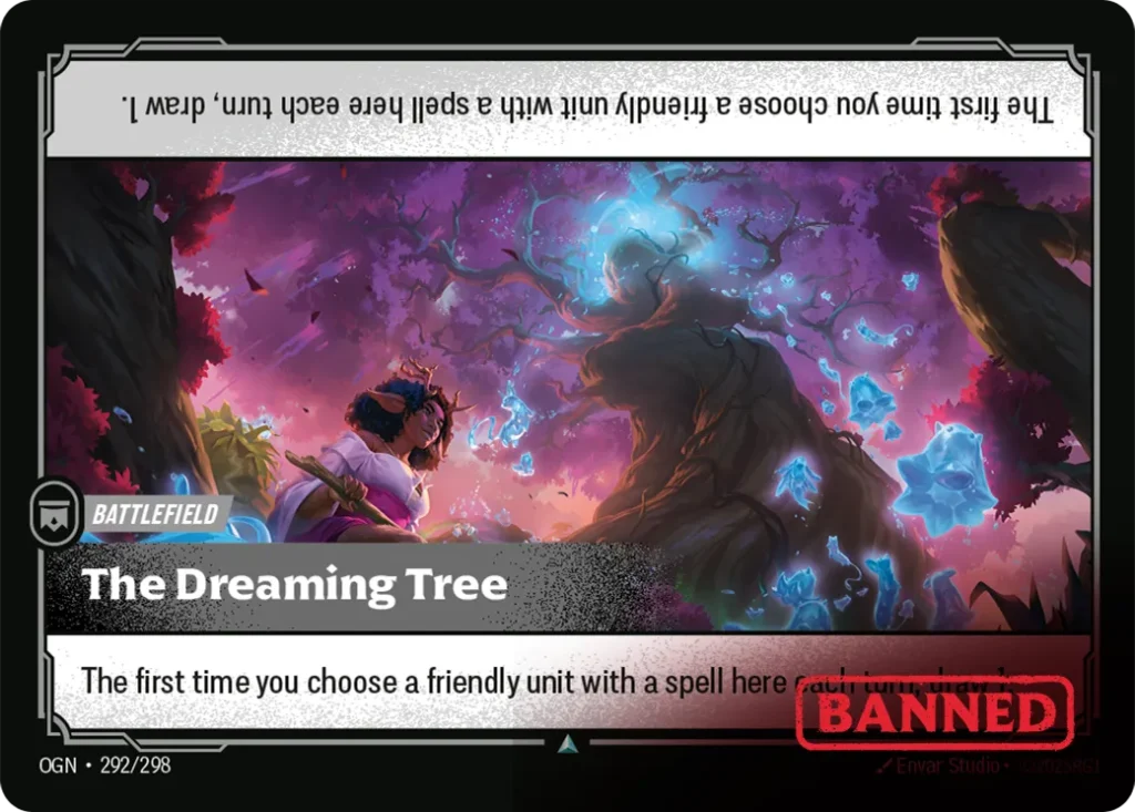 Karta Riftbound: The Dreaming Tree — Battlefield, kolor Colorless, dodatek Origins. Ilustracja: Envar Studio. Opis karty: When a player chooses a friendly unit here with a spell for the first time each turn, they draw 1.