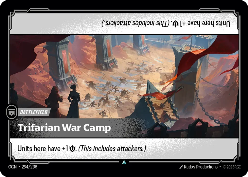 Karta Riftbound: Trifarian War Camp — Battlefield, kolor Colorless, dodatek Origins. Ilustracja: Kudos Productions. Opis karty: Units here have +1 💪. (This includes attackers.)