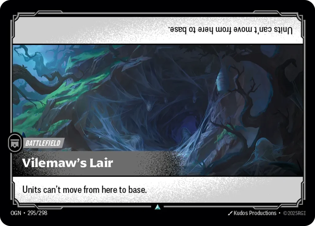 Karta Riftbound: Vilemaw's Lair — Battlefield, kolor Colorless, dodatek Origins. Ilustracja: Kudos Productions. Opis karty: Units can't move from here to base.