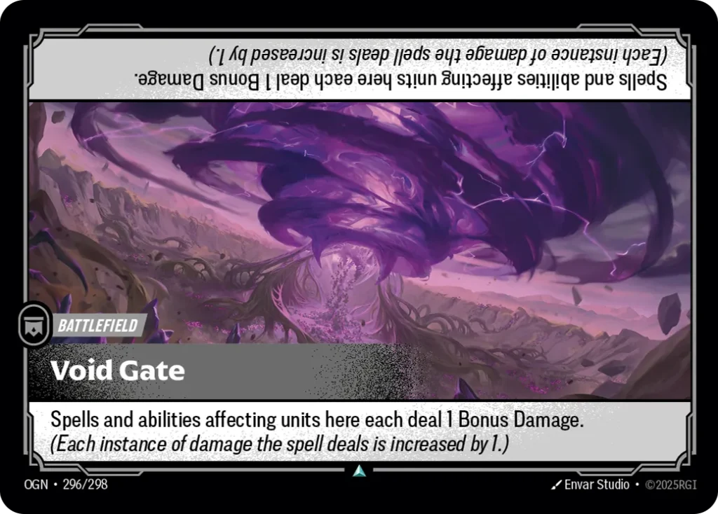 Karta Riftbound: Void Gate — Battlefield, kolor Colorless, dodatek Origins. Ilustracja: Envar Studio. Opis karty: Spells and abilities affecting units here each deal 1 Bonus Damage. (Each instance of damage the spell deals is increased by 1