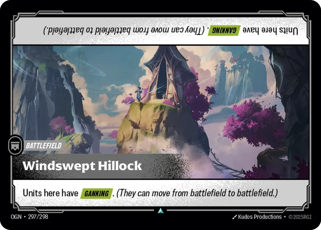 Karta Riftbound: Windswept Hillock — Battlefield, kolor Colorless, dodatek Origins. Ilustracja: Kudos Productions. Opis karty: Units here have Ganking . (They can move from battlefield to battlefield.)