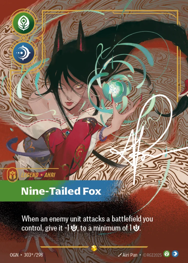Karta Riftbound: Ahri - Nine-Tailed Fox (Signature) — Legend, kolor Calm/Mind, dodatek Origins. Ilustracja: Airi Pan. Opis karty: When an enemy unit attacks a battlefield you control, give it -1 💪 this turn, to a minimum of 1 💪.