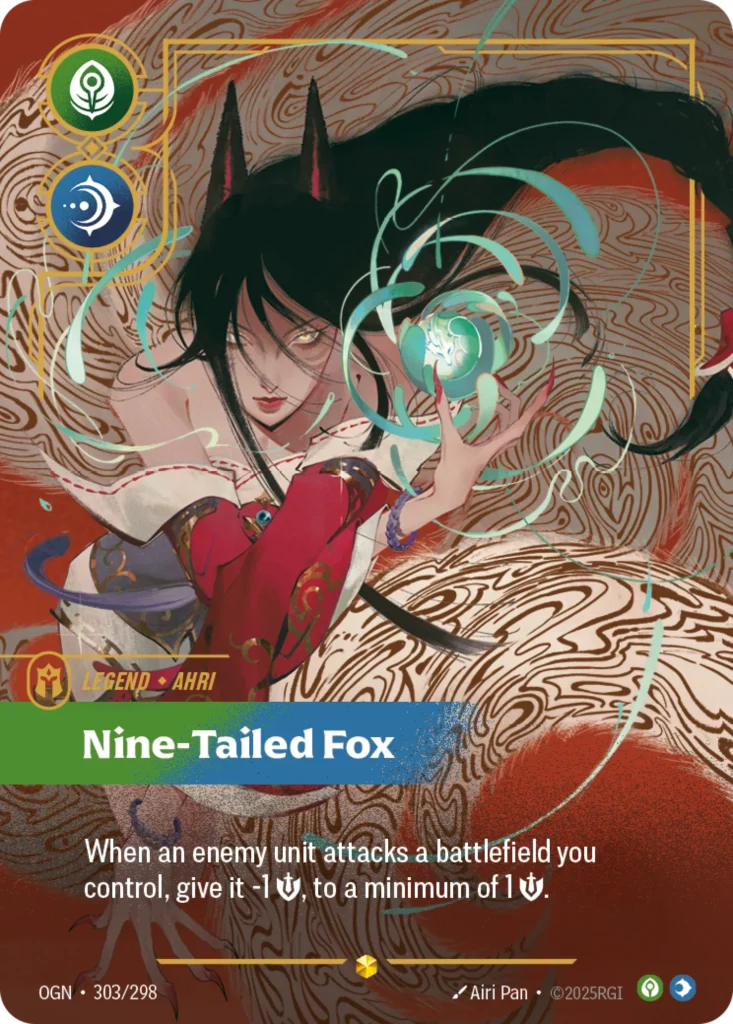 Karta Riftbound: Ahri - Nine-Tailed Fox (Overnumbered) — Legend, kolor Calm/Mind, dodatek Origins. Ilustracja: Airi Pan. Opis karty: When an enemy unit attacks a battlefield you control, give it -1 💪 this turn, to a minimum of 1 💪.
