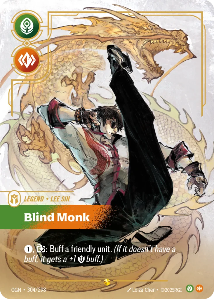 Karta Riftbound: Lee Sin - Blind Monk (Overnumbered) — Legend, kolor Calm/Body, dodatek Origins. Ilustracja: Loiza Chen. Opis karty: 1⚡, : Buff a friendly unit. (If it doesn't have a buff, it gets a +1 💪 buff.)