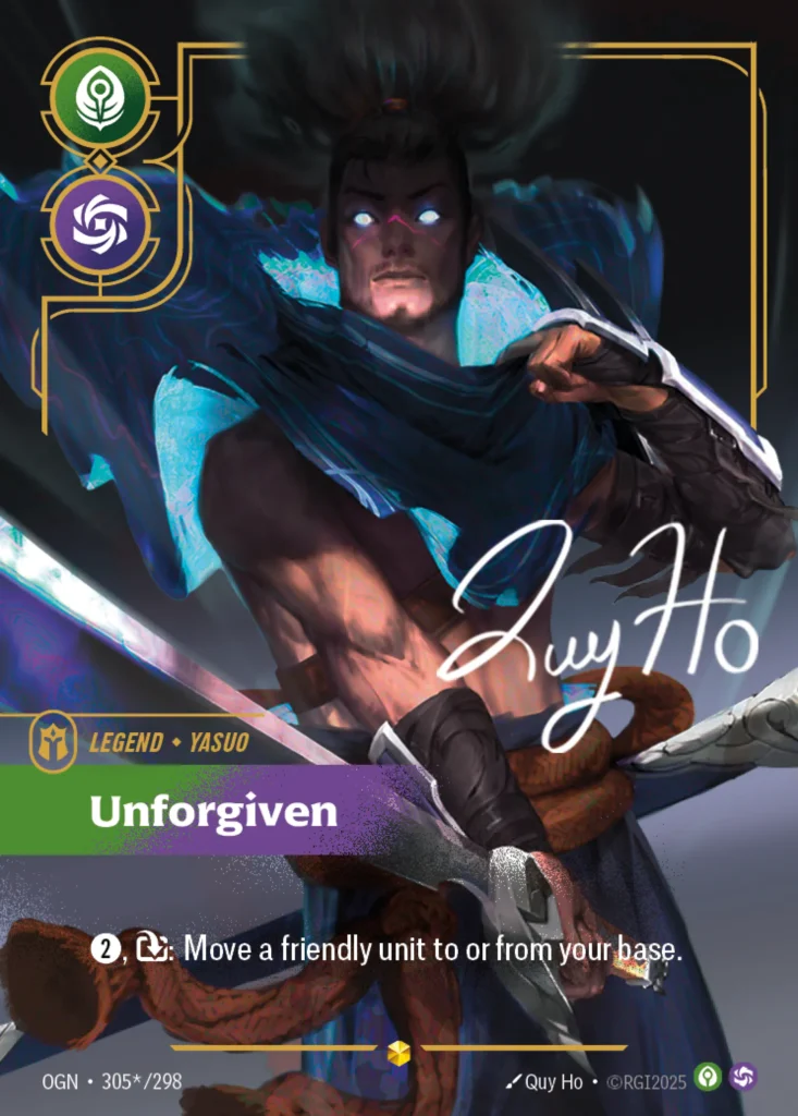 Karta Riftbound: Yasuo - Unforgiven (Signature) — Legend, kolor Calm/Chaos, dodatek Origins. Ilustracja: Quy Ho. Opis karty: 2⚡, : Move a friendly unit to or from its base.