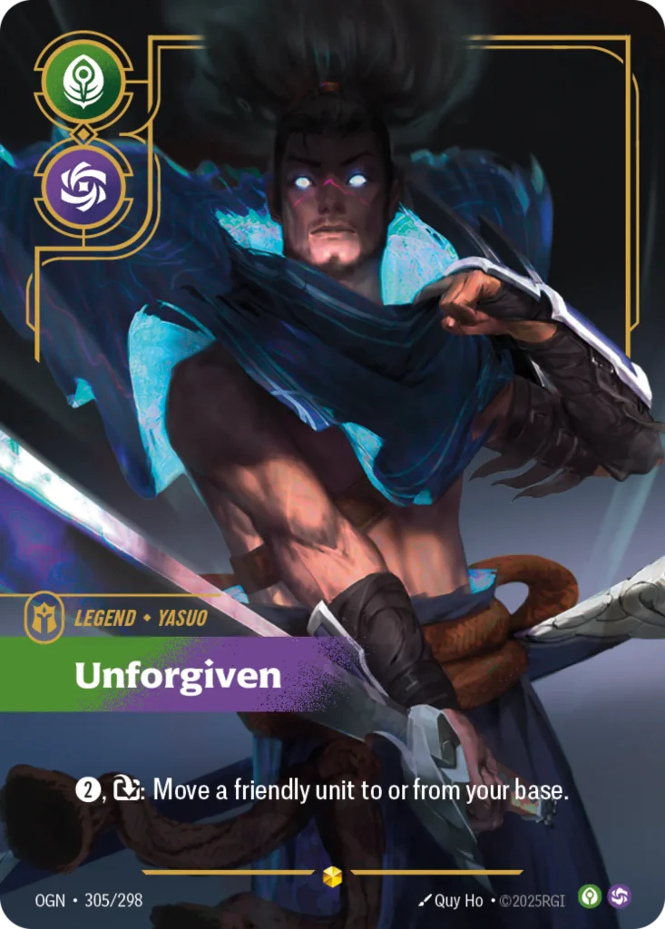 Karta Riftbound: Yasuo - Unforgiven (Overnumbered) — Legend, kolor Calm/Chaos, dodatek Origins. Ilustracja: Quy Ho. Opis karty: 2⚡, : Move a friendly unit to or from its base.