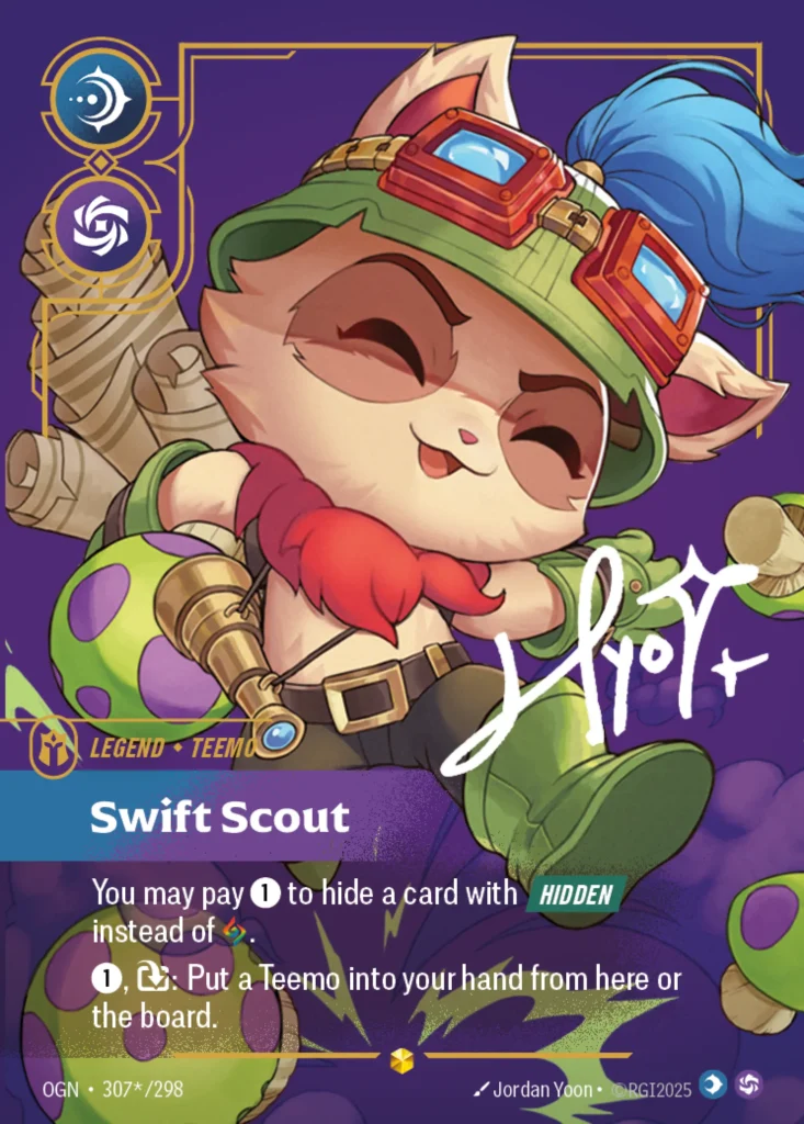 Karta Riftbound: Teemo - Swift Scout (Signature) — Legend, kolor Mind/Chaos, dodatek Origins. Ilustracja: Jordan Yoon. Opis karty: You may pay 1⚡ to hide a card with Hidden instead of .1⚡, : Put a Teemo unit you own into your hand from your