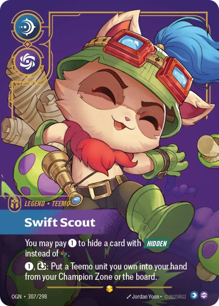 Karta Riftbound: Teemo - Swift Scout (Overnumbered) — Legend, kolor Mind/Chaos, dodatek Origins. Ilustracja: Jordan Yoon. Opis karty: You may pay 1⚡ to hide a card with Hidden instead of .1⚡, : Put a Teemo unit you own into your hand from y