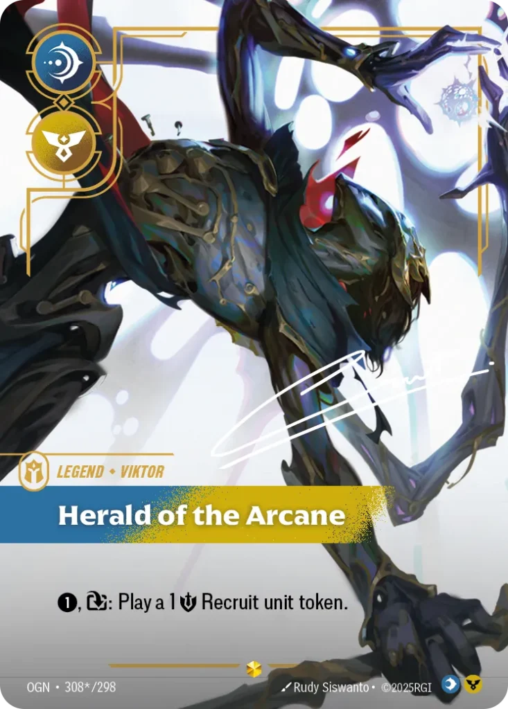 Karta Riftbound: Viktor - Herald of the Arcane (Signature) — Legend, kolor Mind/Order, dodatek Origins. Ilustracja: Rudy Siswanto. Opis karty: 1⚡, : Play a 1 💪 Recruit unit token.