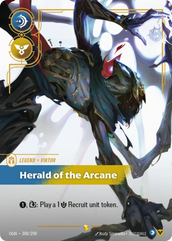 Karta Riftbound: Viktor - Herald of the Arcane (Overnumbered) — Legend, kolor Mind/Order, dodatek Origins. Ilustracja: Rudy Siswanto. Opis karty: 1⚡, : Play a 1 💪 Recruit unit token.