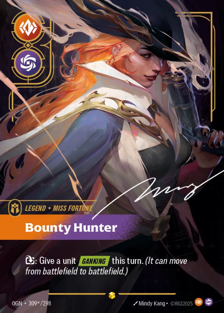 Karta Riftbound: Miss Fortune - Bounty Hunter (Signature) — Legend, kolor Body/Chaos, dodatek Origins. Ilustracja: Mindy Kang. Opis karty: : Give a unit Ganking this turn. (It can move from battlefield to battlefield.)