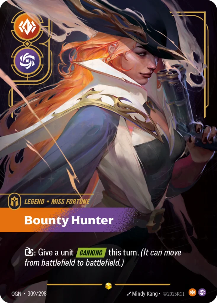 Karta Riftbound: Miss Fortune - Bounty Hunter (Overnumbered) — Legend, kolor Body/Chaos, dodatek Origins. Ilustracja: Mindy Kang. Opis karty: : Give a unit Ganking this turn. (It can move from battlefield to battlefield.)
