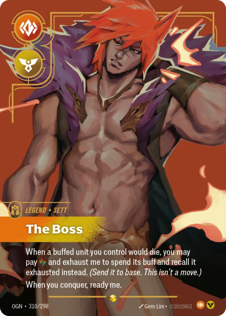 Karta Riftbound: Sett - The Boss (Overnumbered) — Legend, kolor Body/Order, dodatek Origins. Ilustracja: Gem Lim. Opis karty: When a buffed unit you control would die, you may pay and exhaust me to spend its buff and recall it exhausted ins