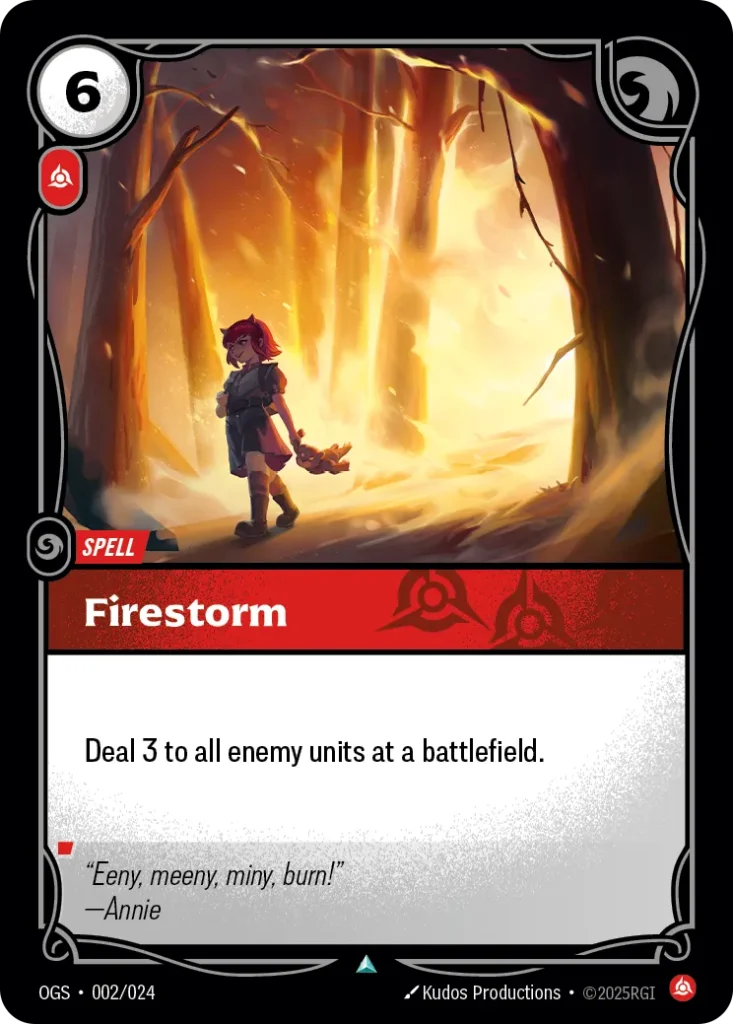 Karta Riftbound: Firestorm — Spell, kolor Fury, dodatek Origins: Proving Grounds. Ilustracja: Kudos Productions. Opis karty: Deal 3 to all enemy units at a battlefield.