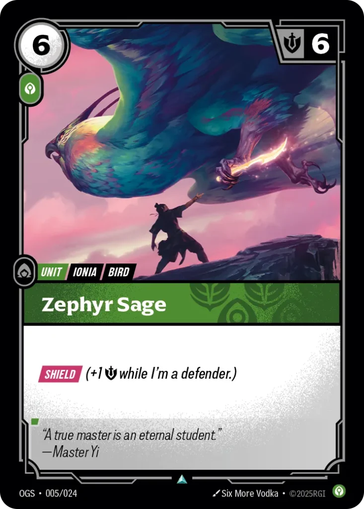 Karta Riftbound: Zephyr Sage — Unit, kolor Calm, dodatek Origins: Proving Grounds. Ilustracja: Six More Vodka. Opis karty: Shield (+1 💪 while I'm a defender.)