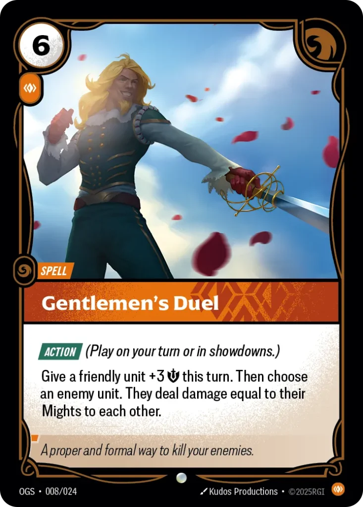 Karta Riftbound: Gentlemen's Duel — Spell, kolor Body, dodatek Origins: Proving Grounds. Ilustracja: Kudos Productions. Opis karty: Action (Play on your turn or in showdowns.)Give a friendly unit +3 💪 this turn. Then choose an enemy unit. T