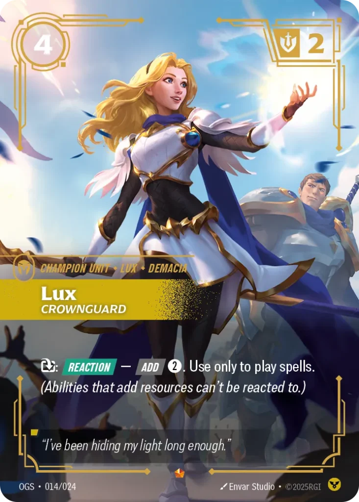 Karta Riftbound: Lux - Crownguard — Unit, kolor Order, dodatek Origins: Proving Grounds. Ilustracja: Envar Studio. Opis karty: : Reaction — Add 2⚡. Use only to play spells. (Abilities that add resources can't be reacted to.)