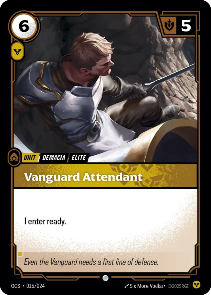 Karta Riftbound: Vanguard Attendant — Unit, kolor Order, dodatek Origins: Proving Grounds. Ilustracja: Six More Vodka. Opis karty: I enter ready.