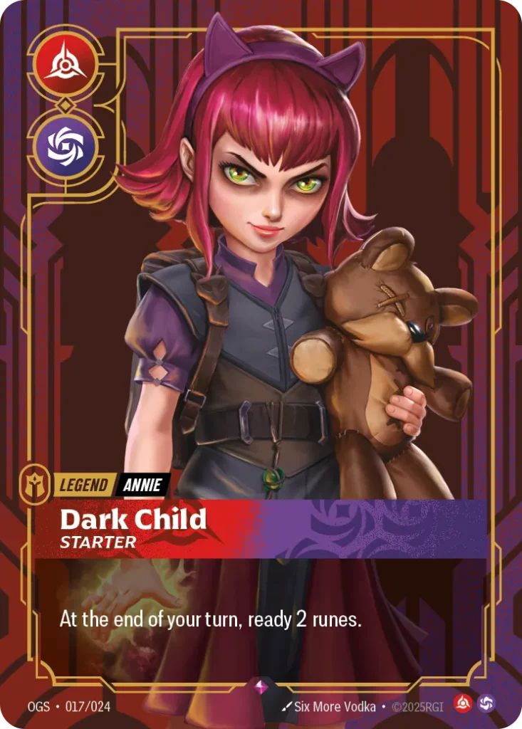 Karta Riftbound: Annie - Dark Child (Starter) — Legend, kolor Fury/Chaos, dodatek Origins: Proving Grounds. Ilustracja: Six More Vodka. Opis karty: At the end of your turn, ready 2 runes.