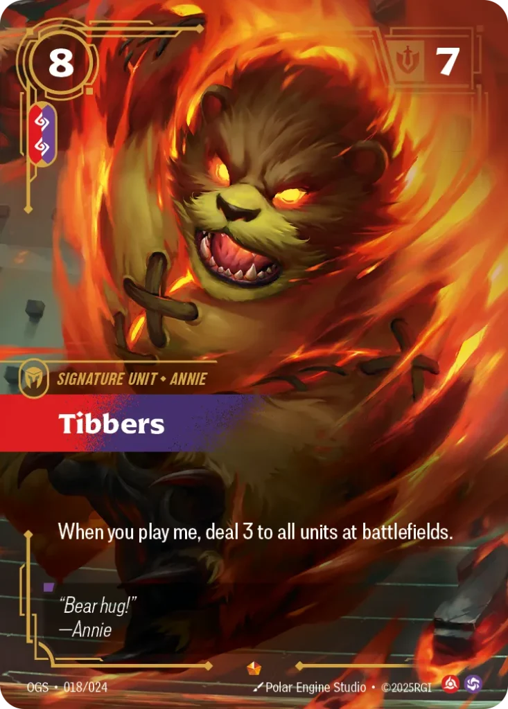 Karta Riftbound: Tibbers — Unit, kolor Fury/Chaos, dodatek Origins: Proving Grounds. Ilustracja: Polar Engine Studio. Opis karty: When you play me, deal 3 to all units at battlefields.