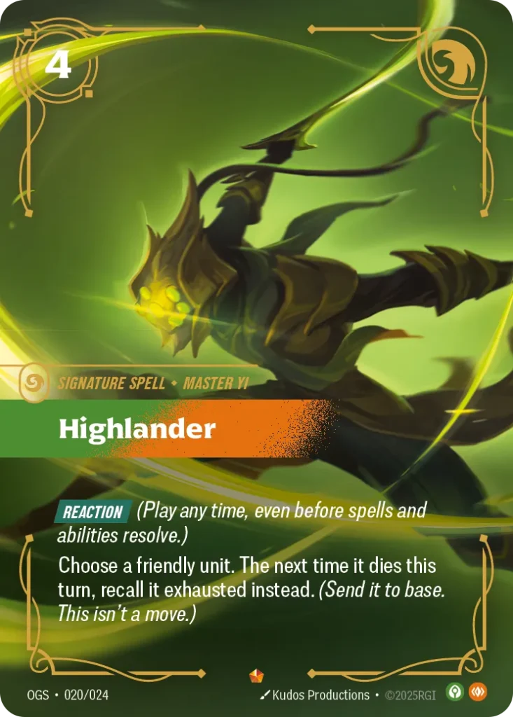 Karta Riftbound: Highlander — Spell, kolor Calm/Body, dodatek Origins: Proving Grounds. Ilustracja: Kudos Productions. Opis karty: Reaction (Play any time, even before spells and abilities resolve.)Choose a friendly unit. The next time it d