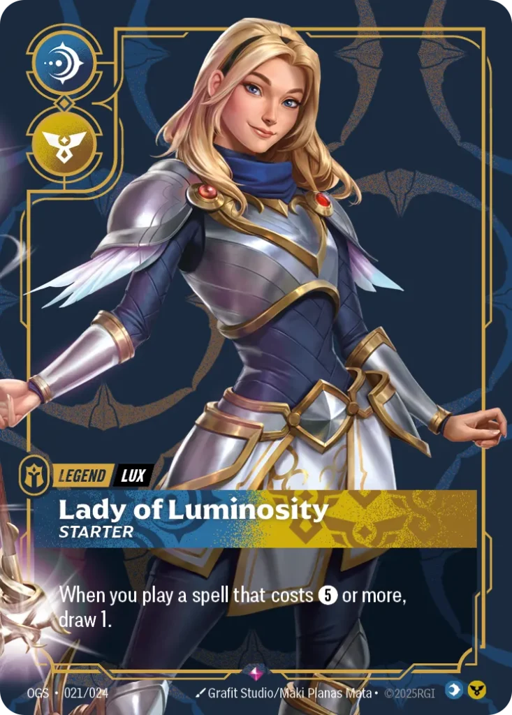 Karta Riftbound: Lux - Lady of Luminosity (Starter) — Legend, kolor Mind/Order, dodatek Origins: Proving Grounds. Ilustracja: Grafit Studio/Maki Planas Mata. Opis karty: When you play a spell that costs 5⚡ or more, draw 1.