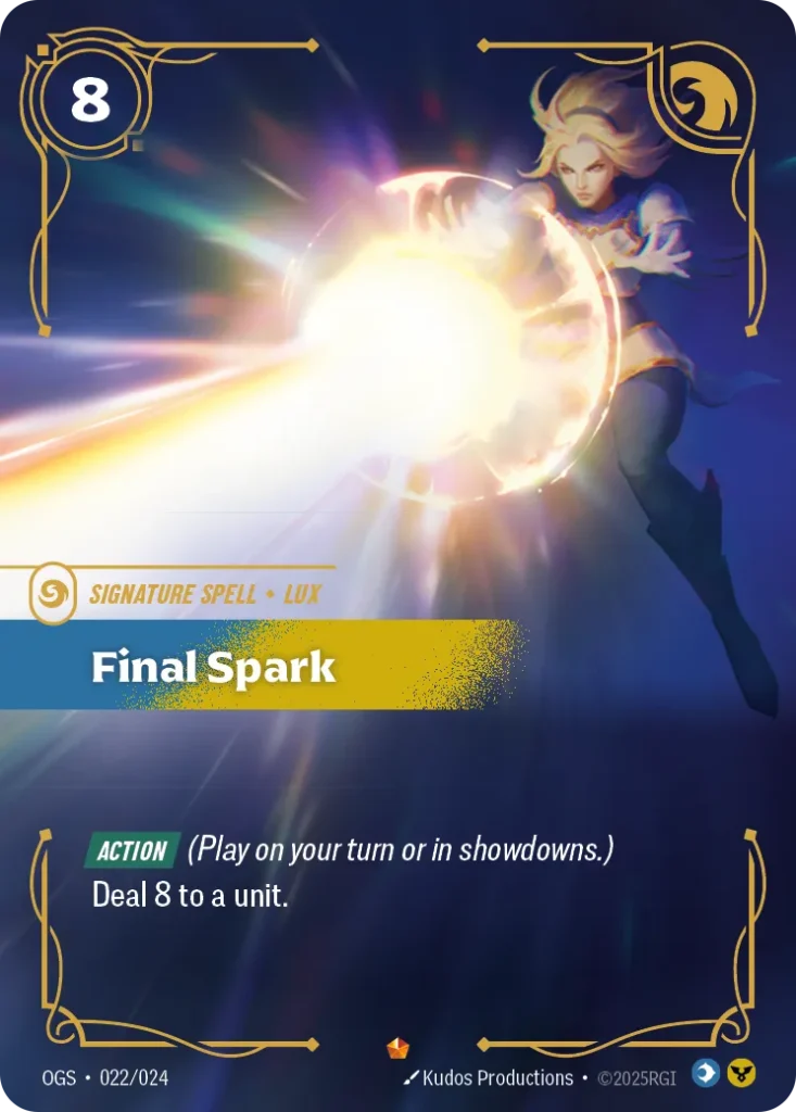Karta Riftbound: Final Spark — Spell, kolor Mind/Order, dodatek Origins: Proving Grounds. Ilustracja: Kudos Productions. Opis karty: Action (Play on your turn or in showdowns.)Deal 8 to a unit.