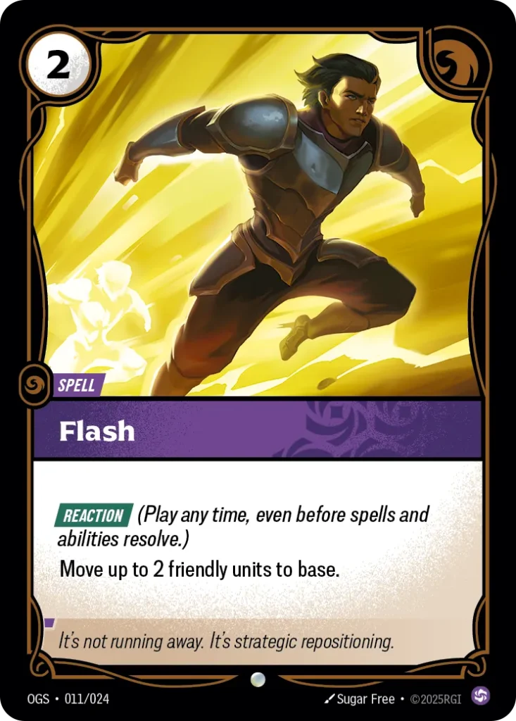 Karta Riftbound: Flash — Spell, kolor Chaos, dodatek Riftbound Organized Play Promotional Cards. Ilustracja: Sugar Free. Opis karty: Reaction (Play any time, even before spells and abilities resolve.)Move up to 2 friendly units to base.
