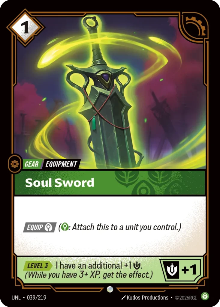 Karta Riftbound: Soul Sword — Gear, kolor Calm, dodatek Riftbound Organized Play Promotional Cards. Ilustracja: Kudos Productions. Opis karty: Equip (: Attach this to a unit you control.)