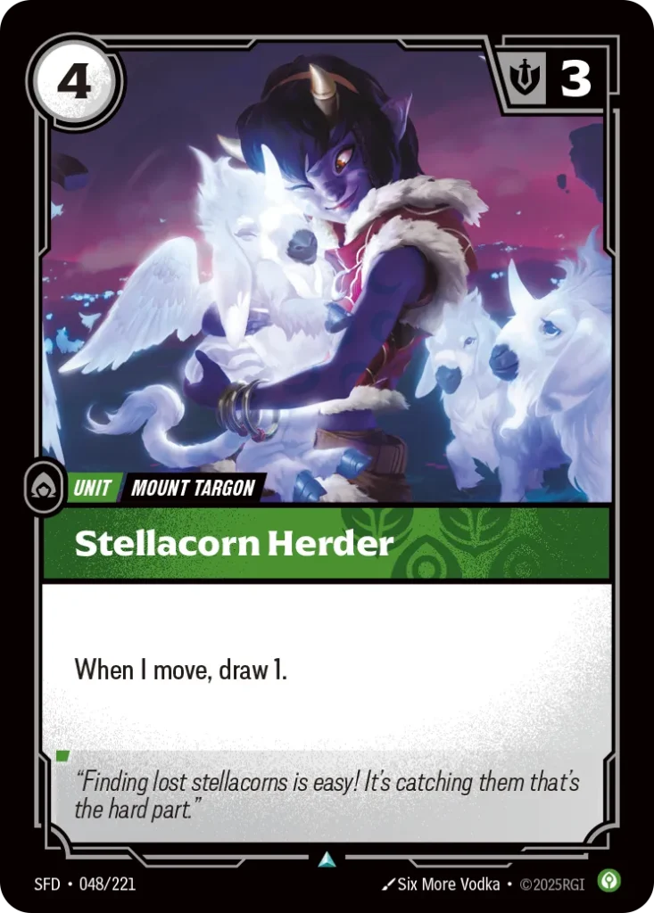 Karta Riftbound: Stellacorn Herder — Unit, kolor Calm, dodatek Riftbound Organized Play Promotional Cards. Ilustracja: Six More Vodka. Opis karty: When I move, draw 1.