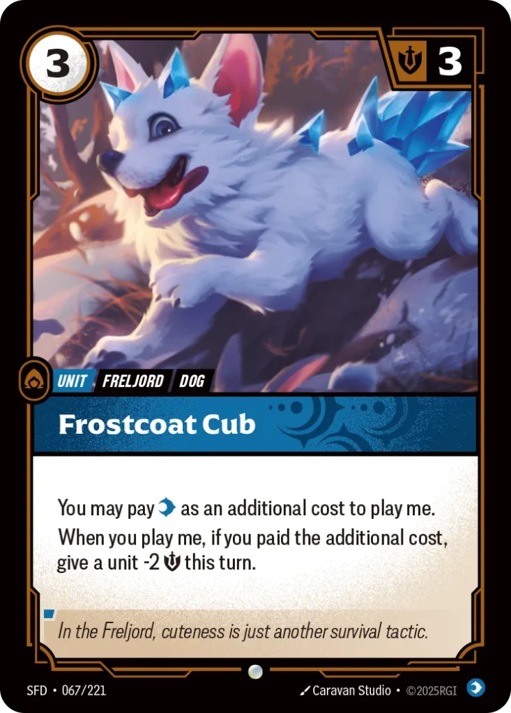 Karta Riftbound: Frostcoat Cub — Unit, kolor Mind, dodatek Riftbound Organized Play Promotional Cards. Ilustracja: Caravan Studio. Opis karty: You may pay as an additional cost to play me.When you play me, if you paid the additional cost, g
