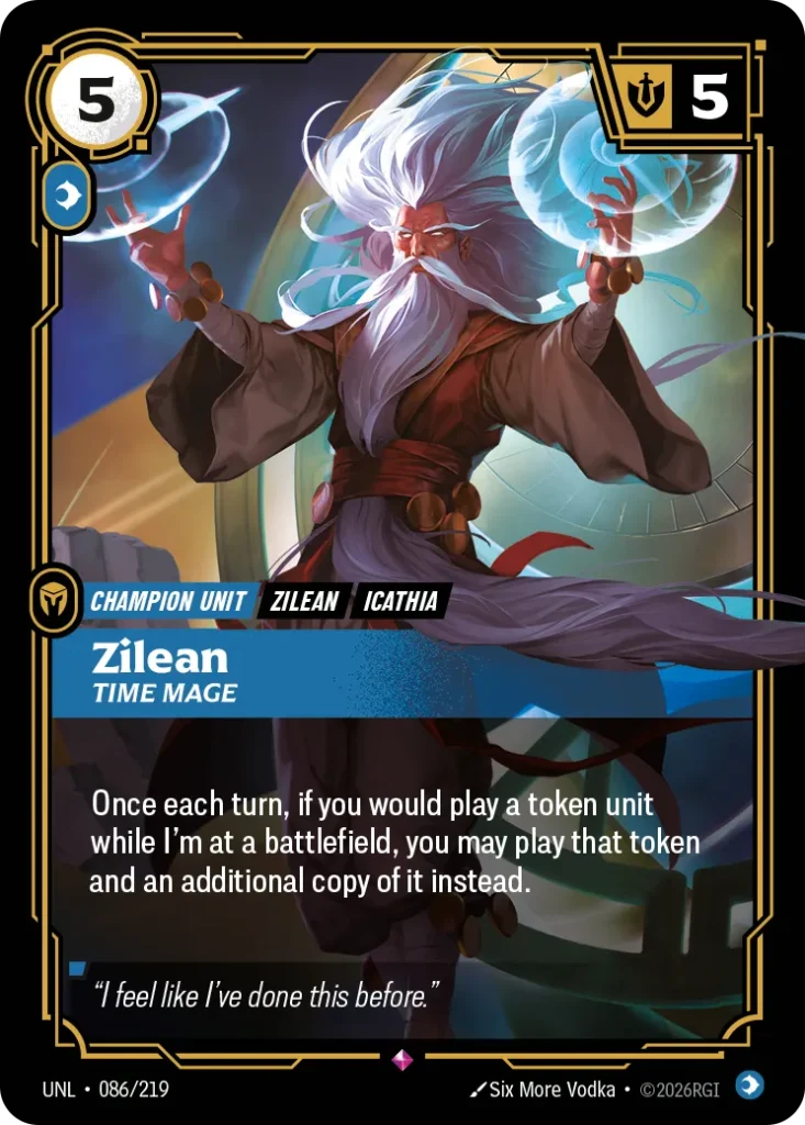 Karta Riftbound: Zilean - Time Mage — Unit, kolor Mind, dodatek Riftbound Organized Play Promotional Cards. Ilustracja: Six More Vodka. Opis karty: Once each turn, if you would play a token unit while I'm at a battlefield, you may play that