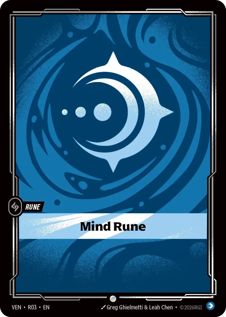 Karta Riftbound: Mind Rune — Rune, kolor Mind, dodatek Riftbound Organized Play Promotional Cards. Ilustracja: Greg Ghielmetti & Leah Chen. Opis karty: NO TEXT