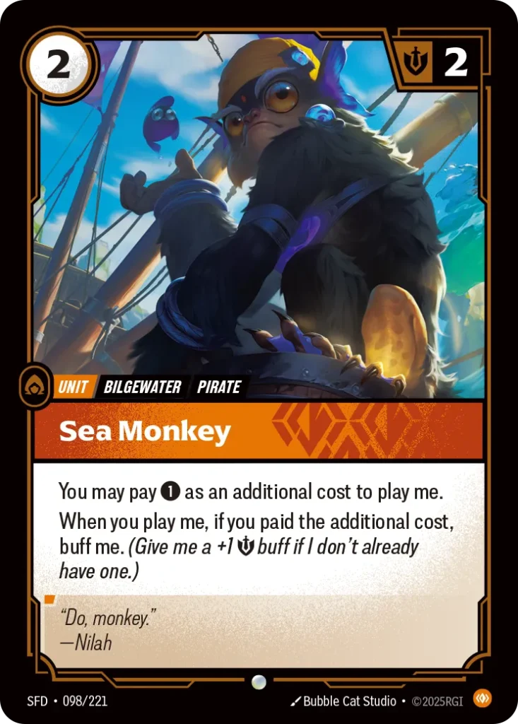 Karta Riftbound: Sea Monkey — Unit, kolor Body, dodatek Riftbound Organized Play Promotional Cards. Ilustracja: Bubble Cat Studio. Opis karty: You may pay 1⚡ as an additional cost to play me.When you play me, if you paid the additional cost