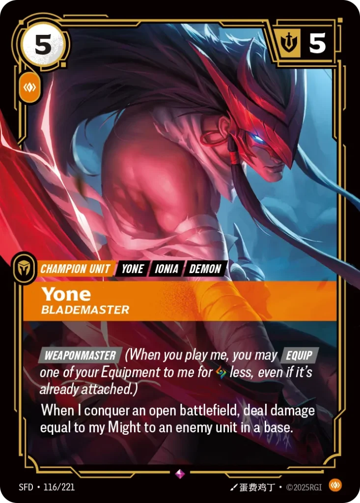 Karta Riftbound: Yone - Blademaster — Unit, kolor Body, dodatek Riftbound Organized Play Promotional Cards. Ilustracja: 蛋费鸡丁. Opis karty: Weaponmaster (When you play me, you may Equip one of your Equipment to me for less, even if it's alrea