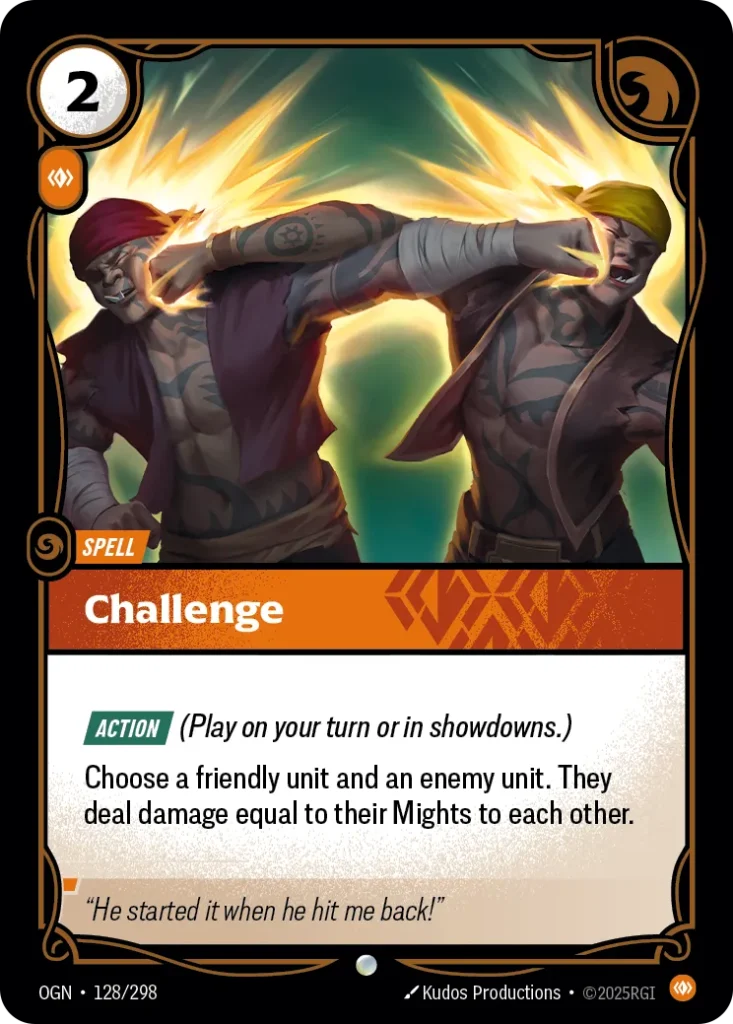 Karta Riftbound: Challenge — Spell, kolor Body, dodatek Riftbound Organized Play Promotional Cards. Ilustracja: Kudos Productions. Opis karty: Action (Play on your turn or in showdowns.)Choose a friendly unit and an enemy unit. They deal da