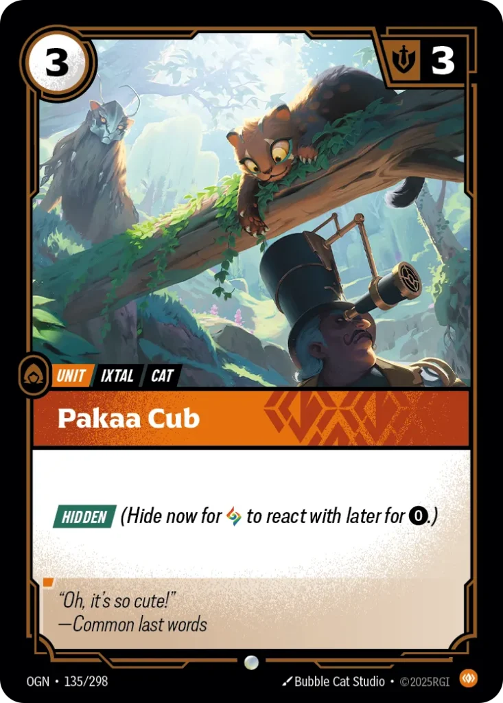 Karta Riftbound: Pakaa Cub — Unit, kolor Body, dodatek Riftbound Organized Play Promotional Cards. Ilustracja: Bubble Cat Studio. Opis karty: Hidden (Hide now for to react with later for 0⚡.)