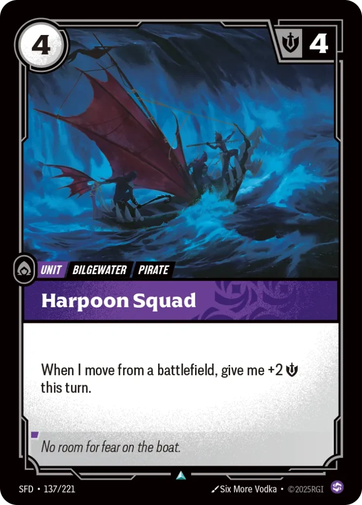 Karta Riftbound: Harpoon Squad — Unit, kolor Chaos, dodatek Riftbound Organized Play Promotional Cards. Ilustracja: Six More Vodka. Opis karty: When I move from a battlefield, give me +2 💪 this turn.