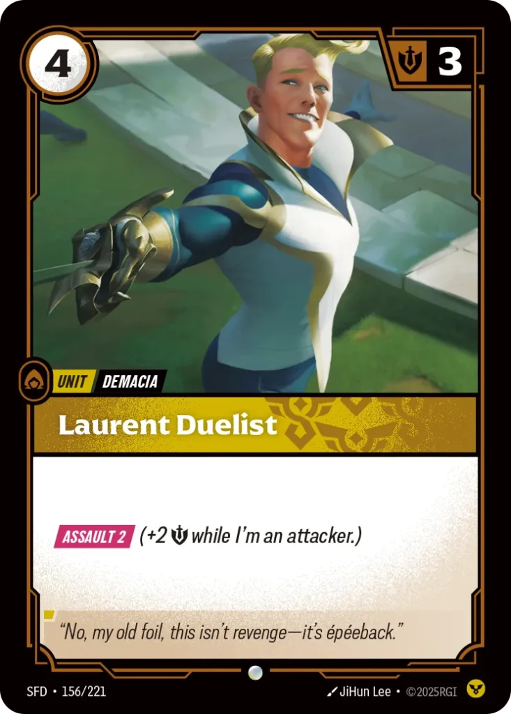 Karta Riftbound: Laurent Duelist — Unit, kolor Order, dodatek Riftbound Organized Play Promotional Cards. Ilustracja: JiHun Lee. Opis karty: Assault 2 (+2 💪 while I'm an attacker.)